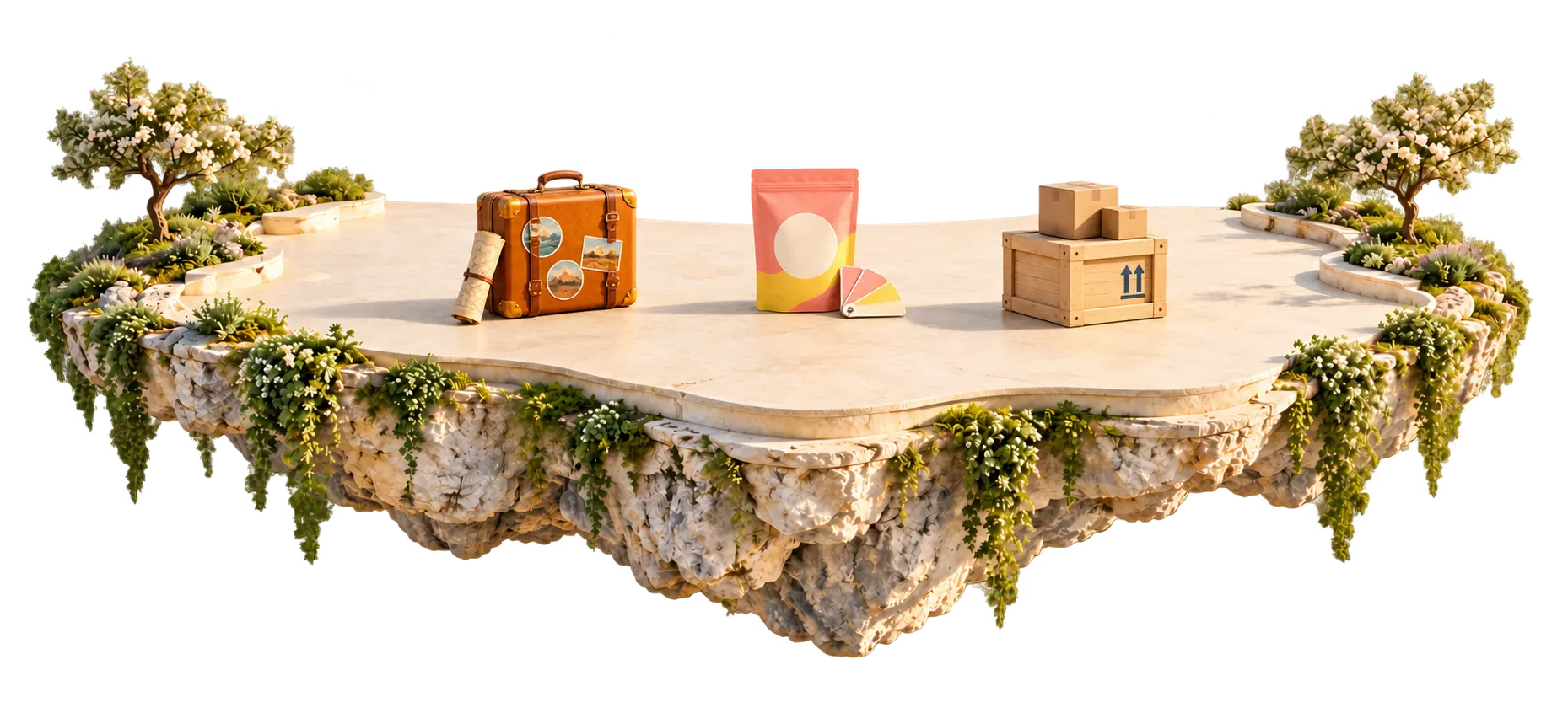 A floating garden island with a travel case, colourful packaging and a shipping crate.